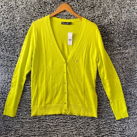 New with Tag Women's yellow lime button-down long-sleeve cardigan sweater Large - Picture 2 of 4